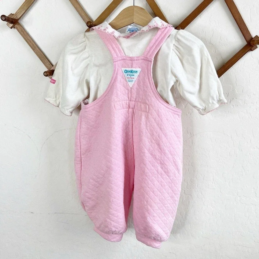 Vintage OshKosh B'gosh Baby Floral Overalls Pink Bubble Romper & Shirt